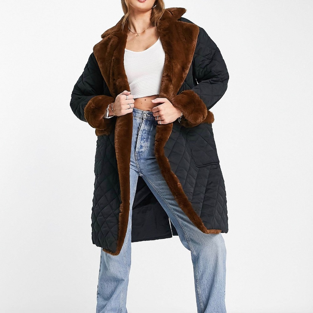 The Frolic Faux Fur Trim Coat in Black & Brown